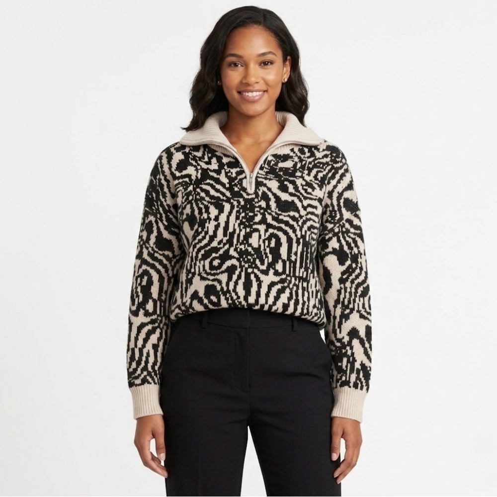 Sweet Rain Zebra Print Quarter-Zip Knit Sweater size Medium